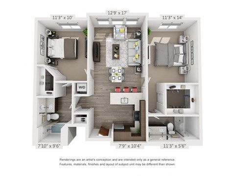 Floor plan for 2 beds, 2 baths, 1032 sqft
